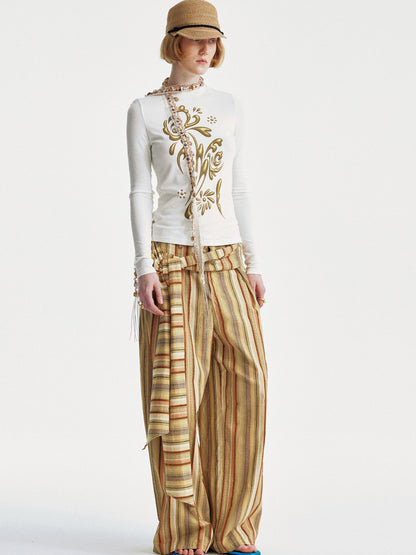 YOSHUYUKI Contrast Stripe Wide Tie Waist Trousers
