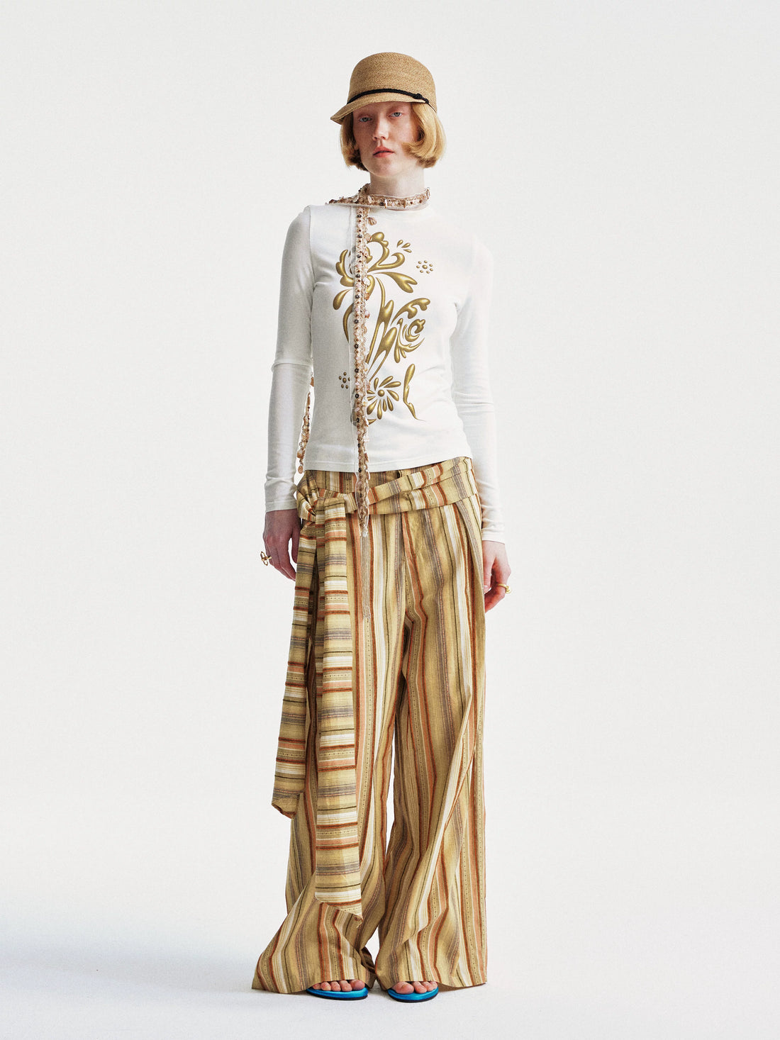 YOSHUYUKI Contrast Stripe Wide Tie Waist Trousers-2