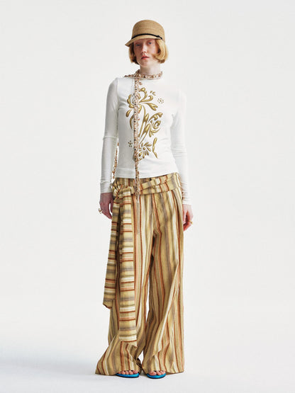 YOSHUYUKI Contrast Stripe Wide Tie Waist Trousers