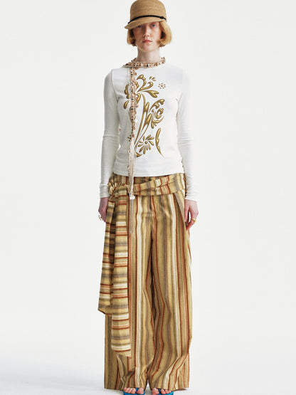 YOSHUYUKI Contrast Stripe Wide Tie Waist Trousers