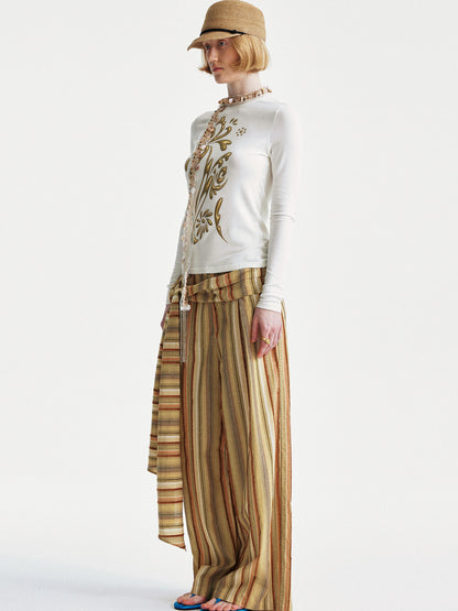 YOSHUYUKI Contrast Stripe Wide Tie Waist Trousers