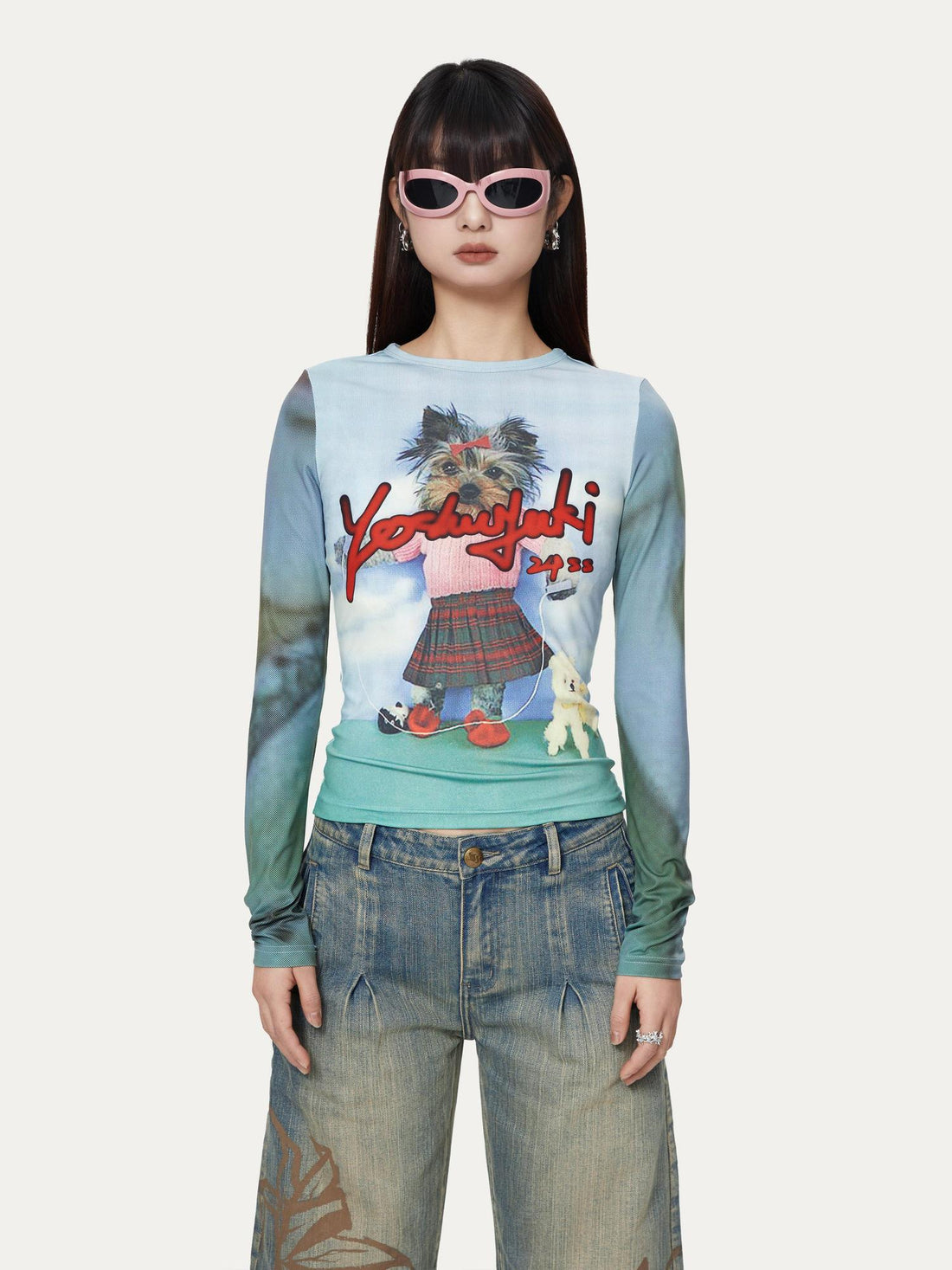 YOSHUYUKI Dancing Puppy Yoshuyuki Print Fitted Long Sleeve T Shirt