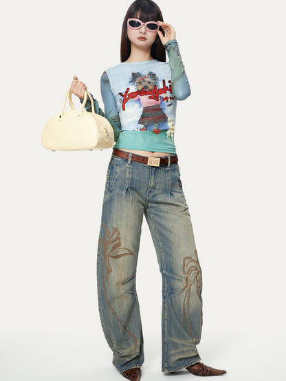 YOSHUYUKI Dancing Puppy Yoshuyuki Print Fitted Long Sleeve T Shirt