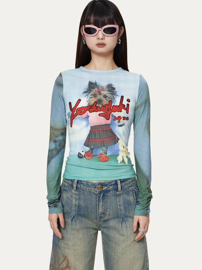 Dancing Puppy  Print Fitted Long Sleeve T Shirt