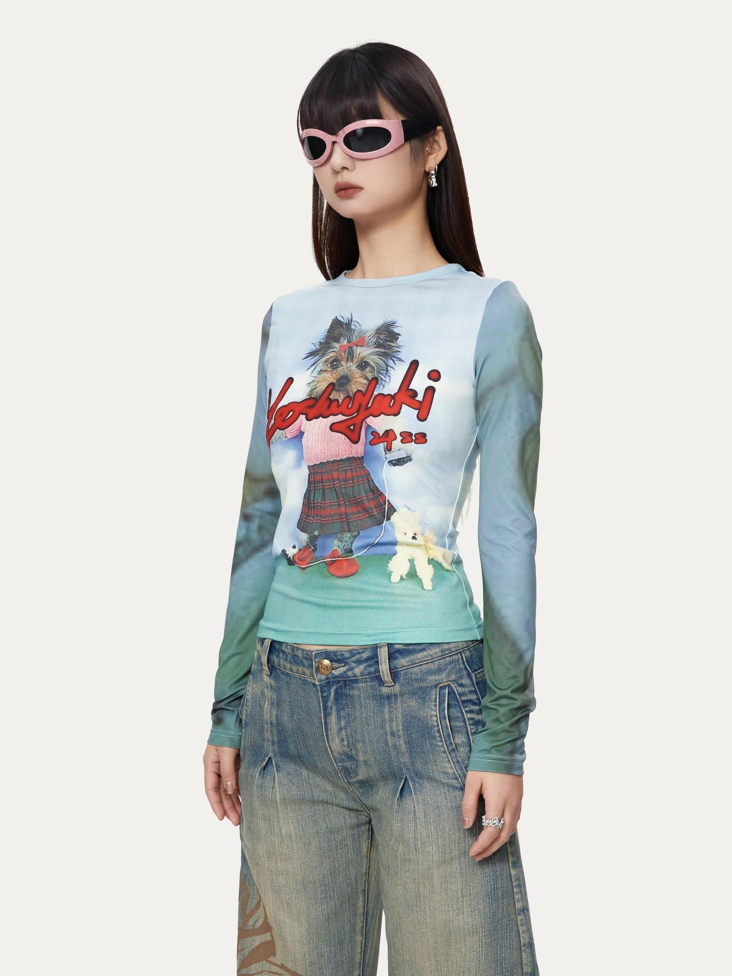 YOSHUYUKI Dancing Puppy Yoshuyuki Print Fitted Long Sleeve T Shirt