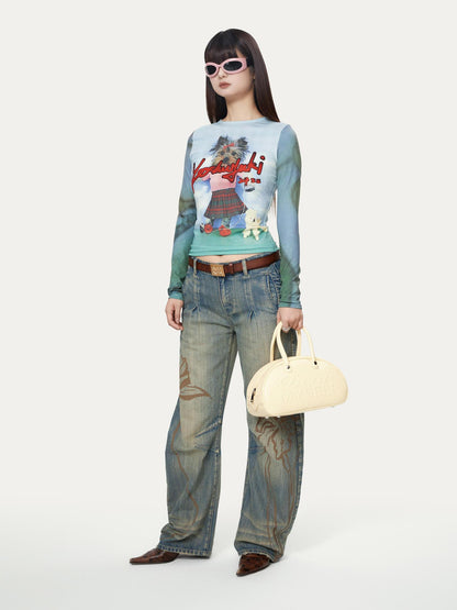 YOSHUYUKI Dancing Puppy Yoshuyuki Print Fitted Long Sleeve T Shirt