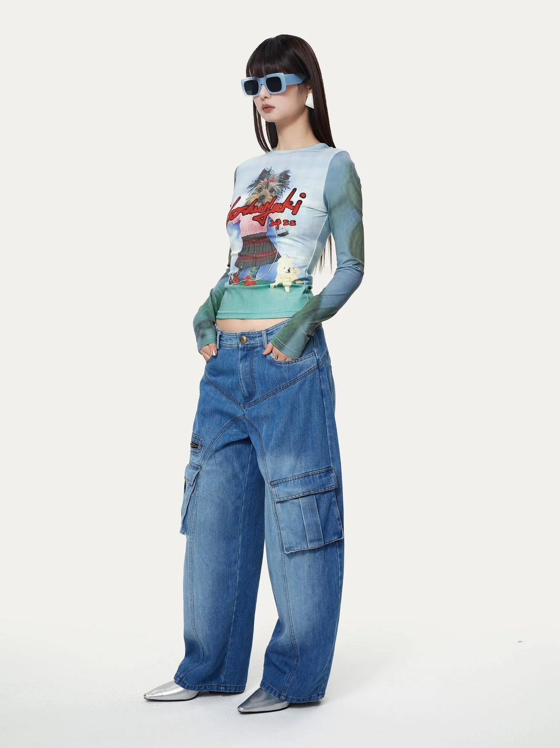 Dancing Puppy  Print Fitted Long Sleeve T Shirt