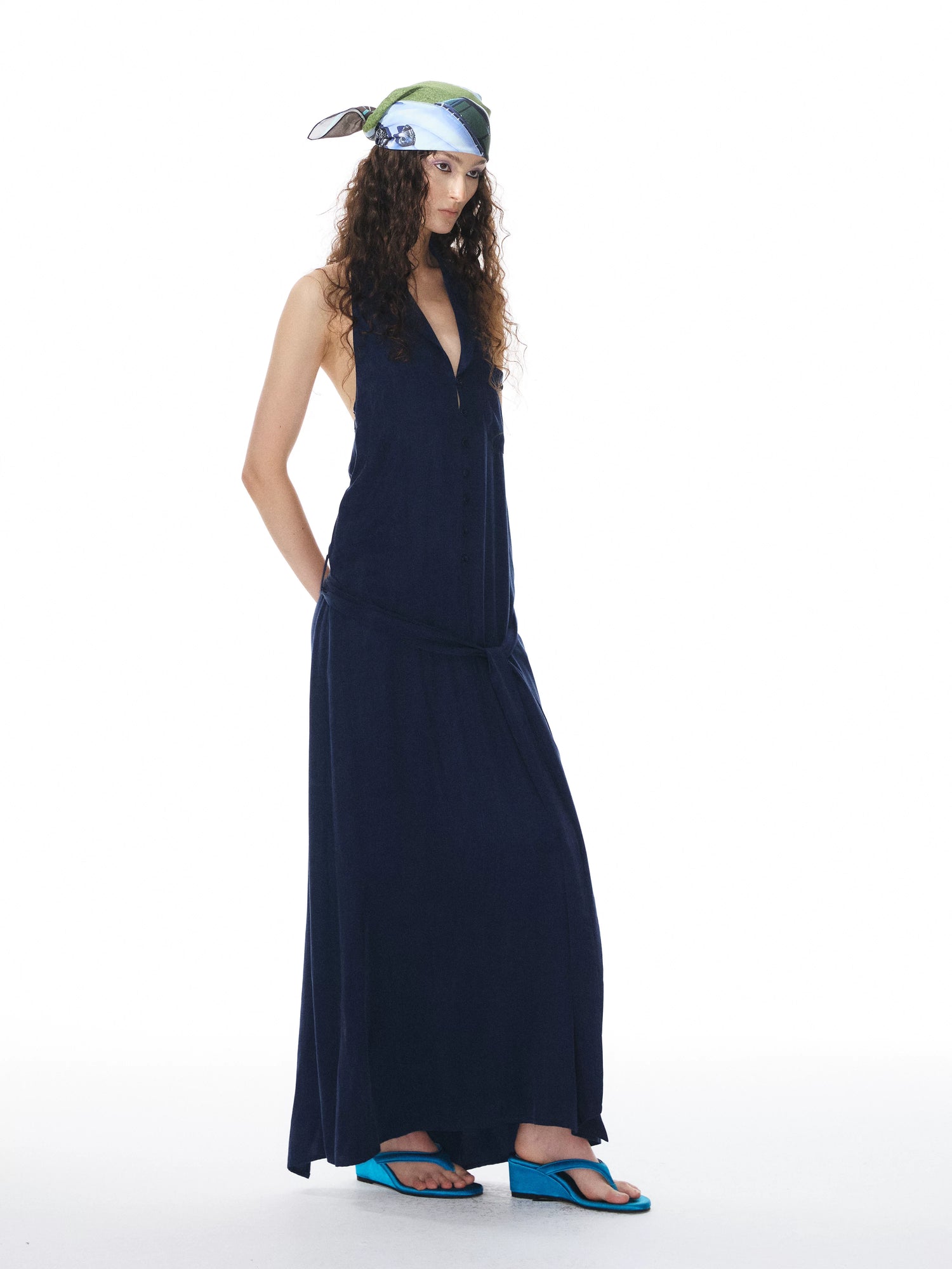 YOSHUYUKI Deep Blue Draped Halter Sash Lapel Women&