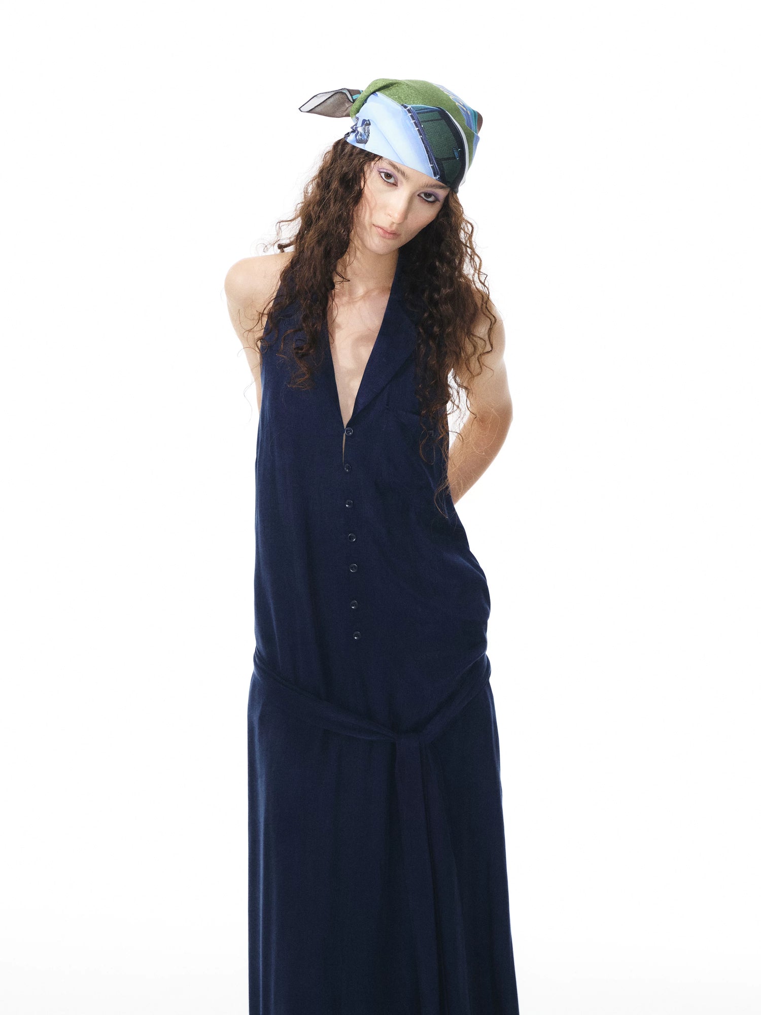 YOSHUYUKI Deep Blue Draped Halter Sash Lapel Women&