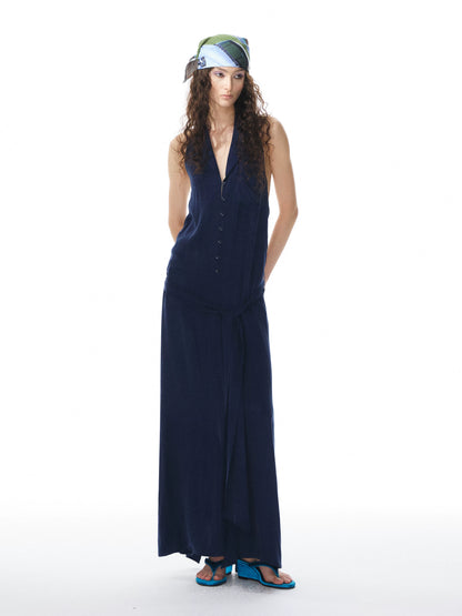 YOSHUYUKI Deep Blue Draped Halter Sash Lapel Women&