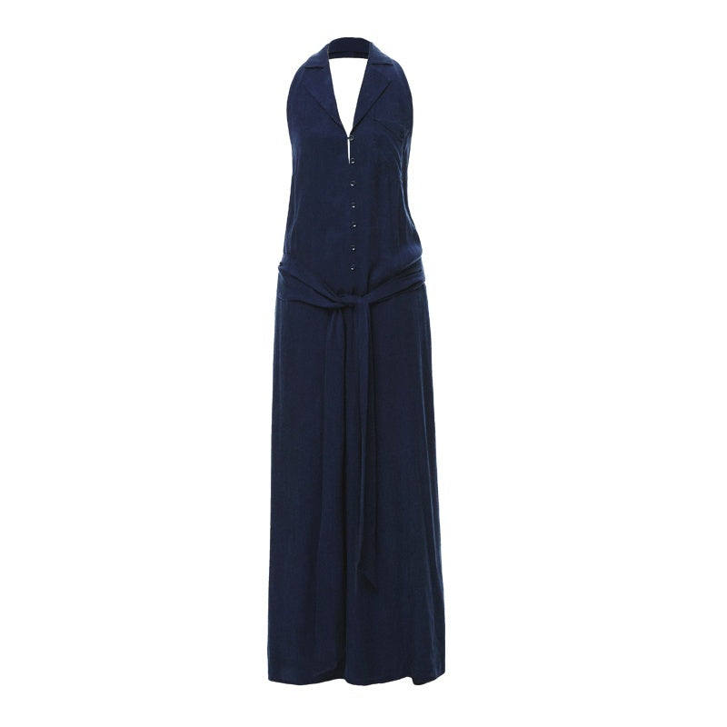 YOSHUYUKI_Deep_Blue_Draped_Halter_Sash_Lapel_Women&