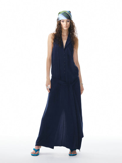 YOSHUYUKI_Deep_Blue_Draped_Halter_Sash_Lapel_Women&