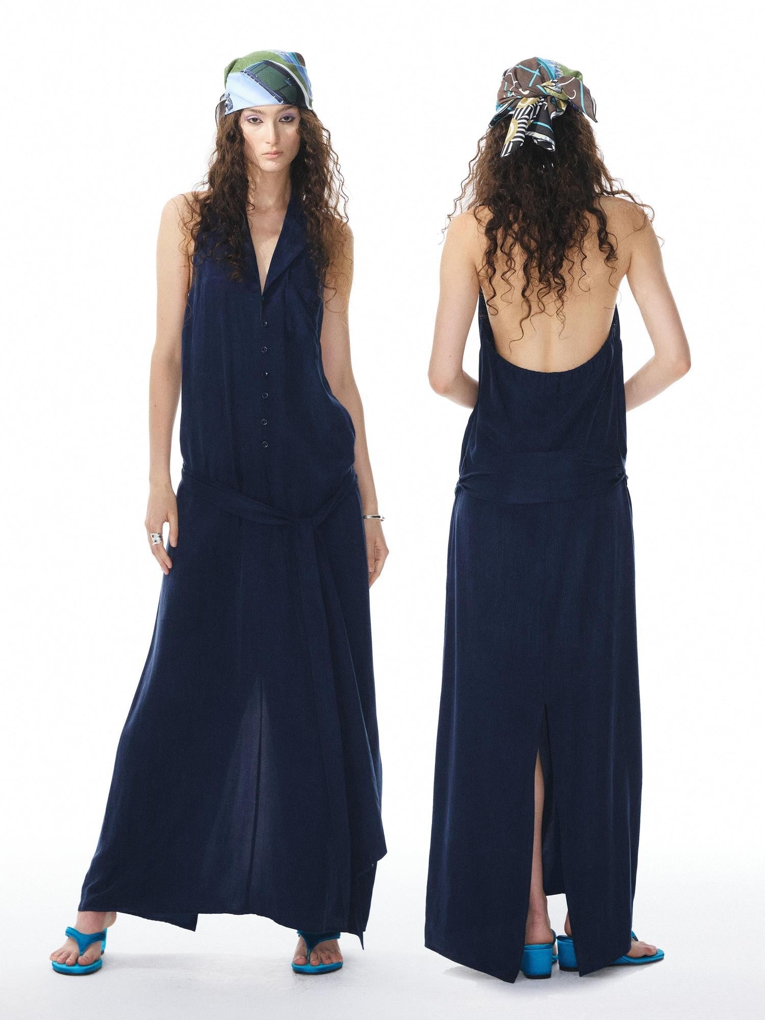 YOSHUYUKI Deep Blue Draped Halter Sash Lapel Women&
