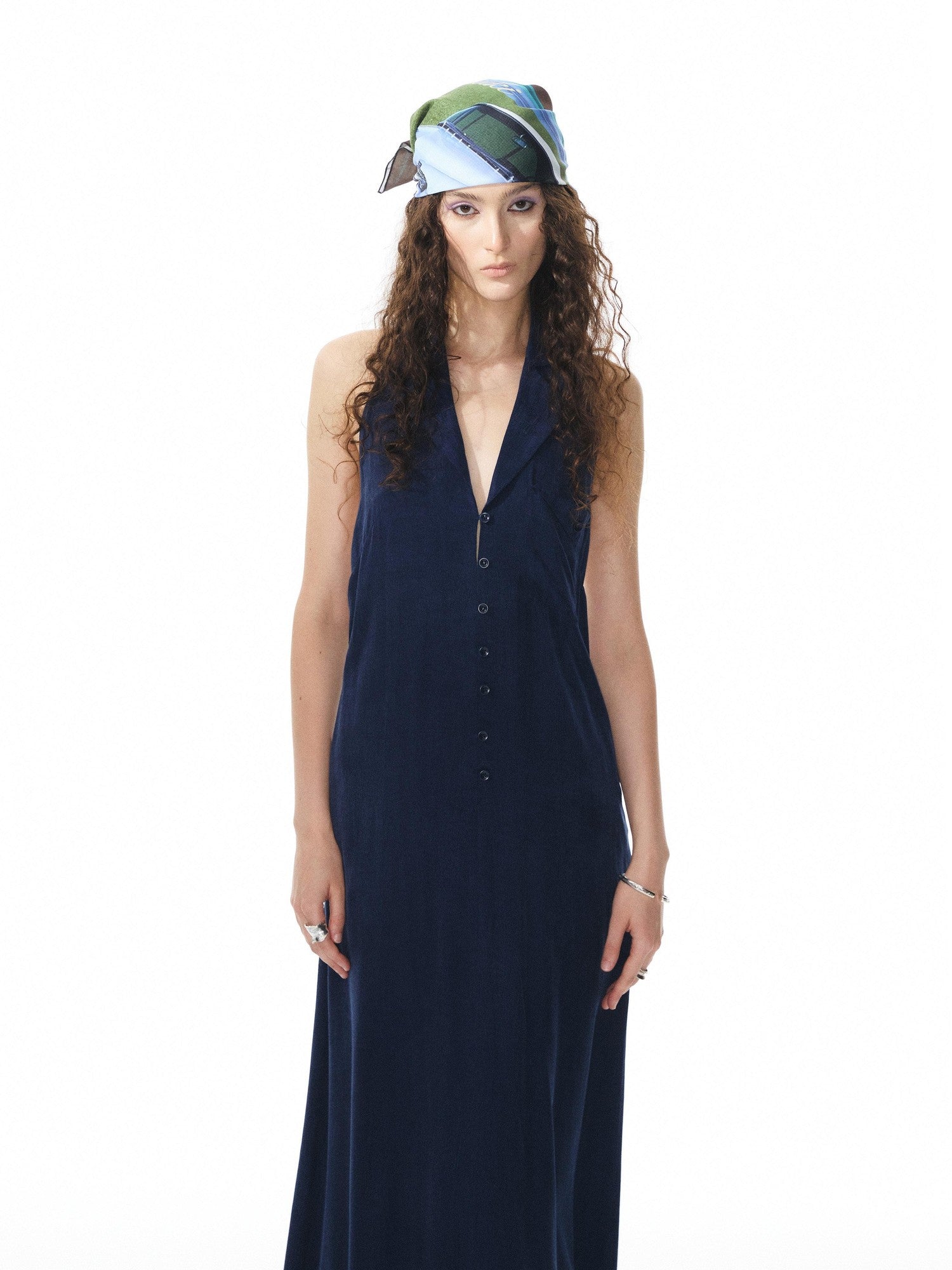 YOSHUYUKI Deep Blue Draped Halter Sash Lapel Women&