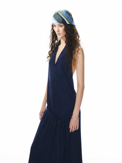 YOSHUYUKI Deep Blue Draped Halter Sash Lapel Women&