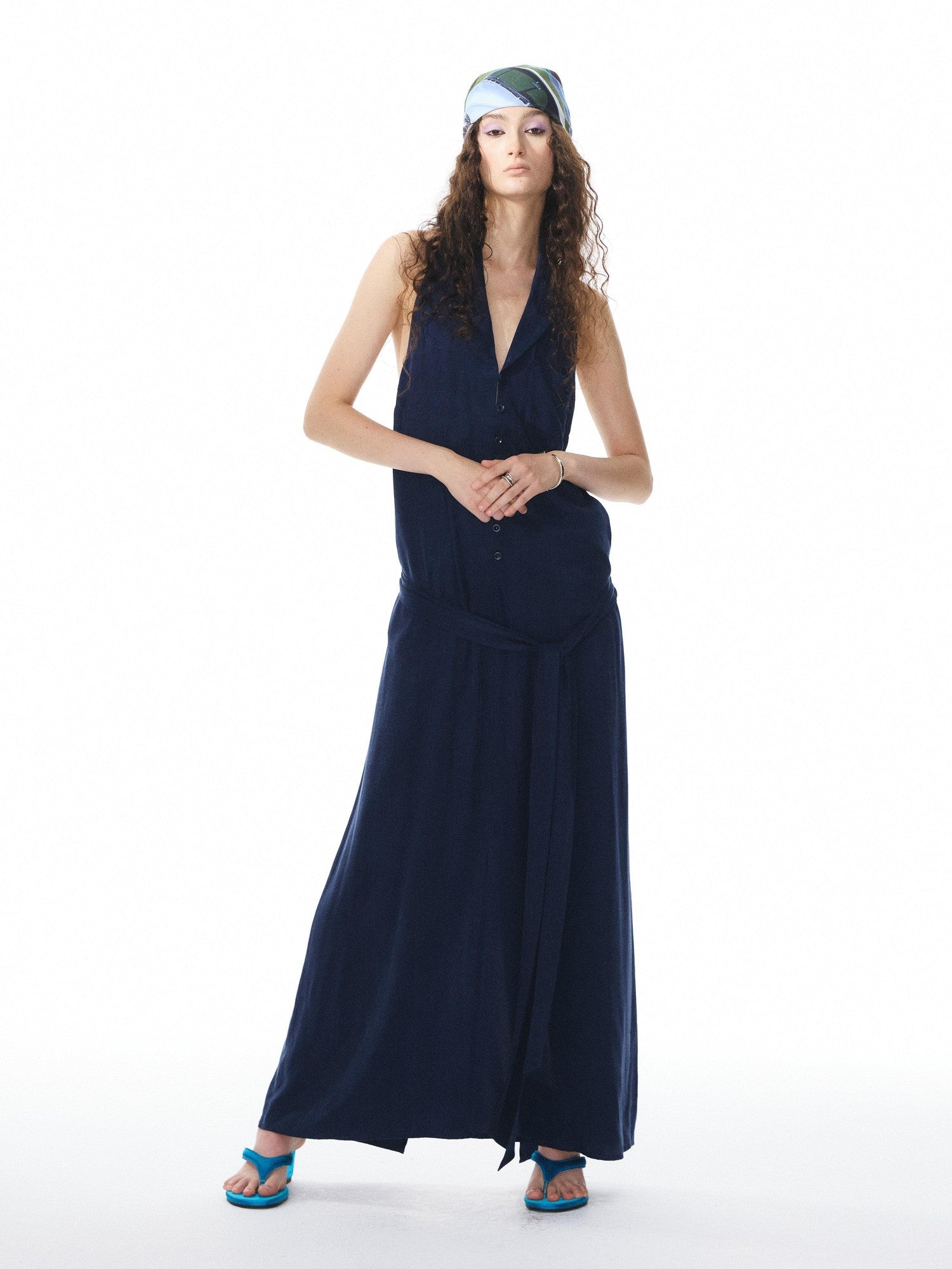 YOSHUYUKI Deep Blue Draped Halter Sash Lapel Women&