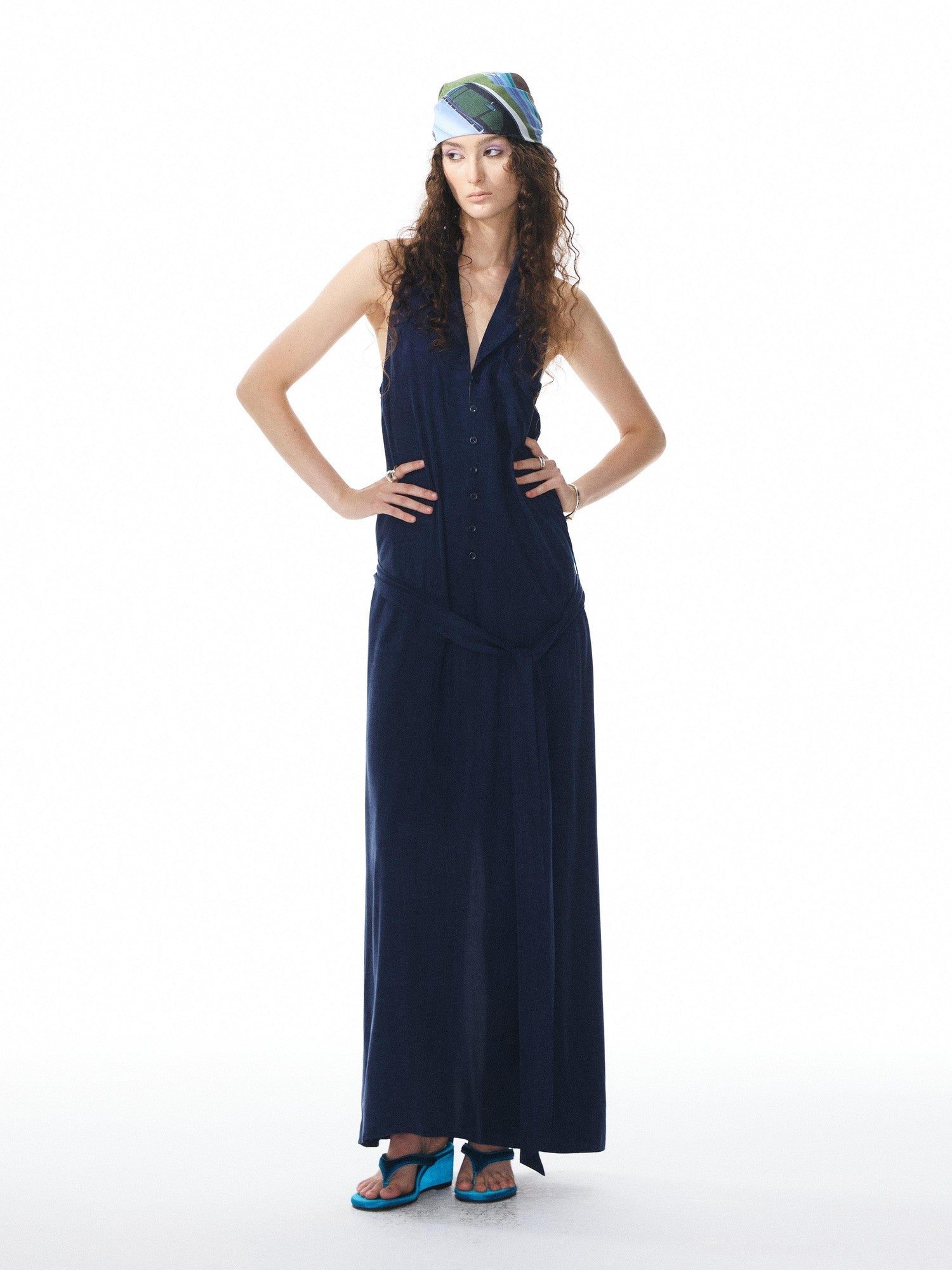 YOSHUYUKI Deep Blue Draped Halter Sash Lapel Women&