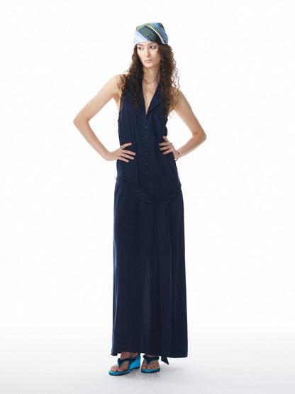 YOSHUYUKI Deep Blue Draped Halter Sash Lapel Women&