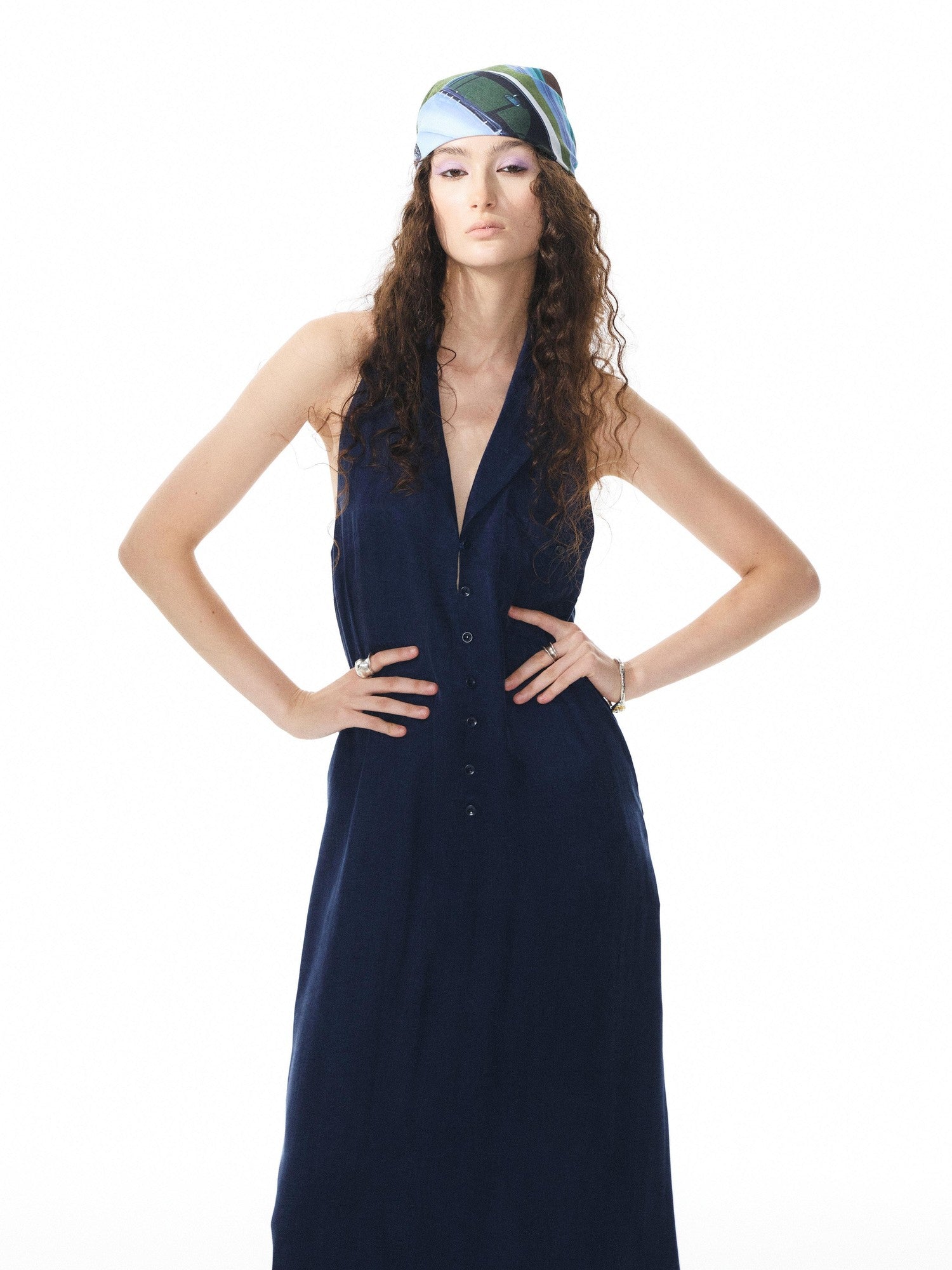YOSHUYUKI Deep Blue Draped Halter Sash Lapel Women&