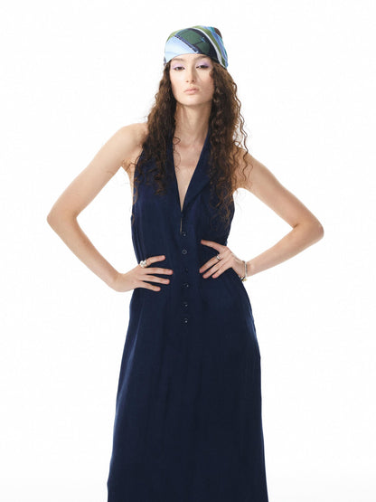 YOSHUYUKI Deep Blue Draped Halter Sash Lapel Women&