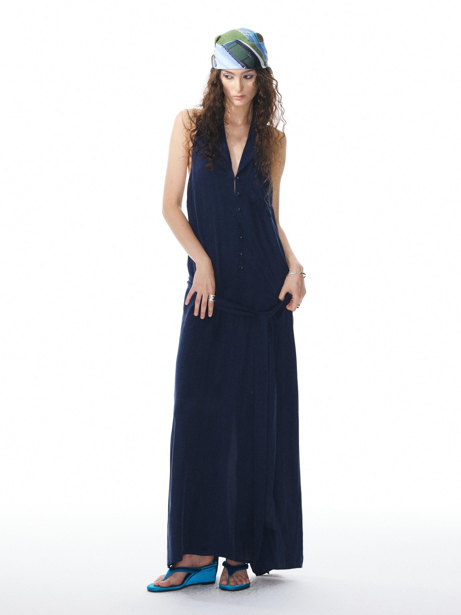 YOSHUYUKI Deep Blue Draped Halter Sash Lapel Women&