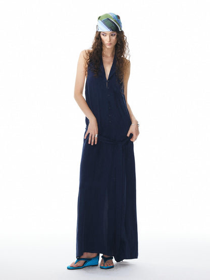 YOSHUYUKI Deep Blue Draped Halter Sash Lapel Women&