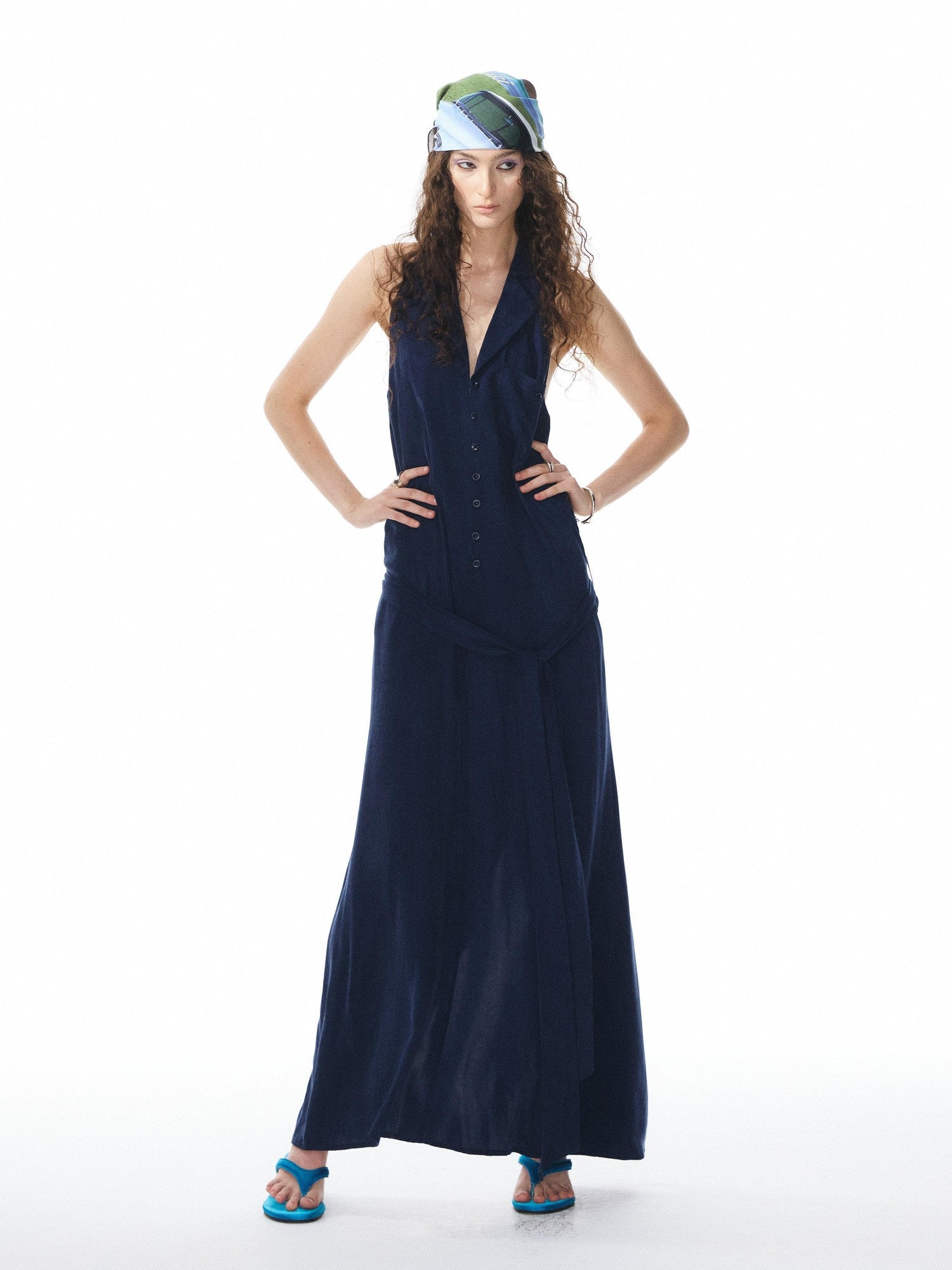 YOSHUYUKI Deep Blue Draped Halter Sash Lapel Women&