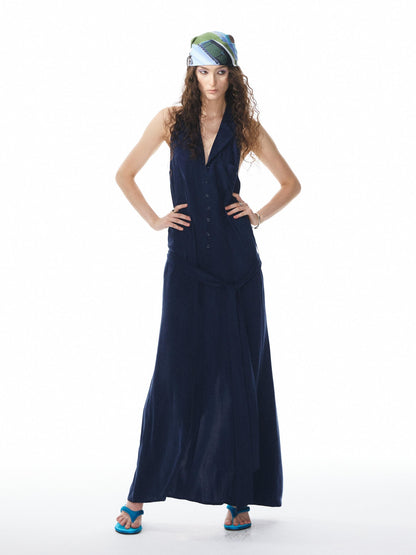 YOSHUYUKI Deep Blue Draped Halter Sash Lapel Women&