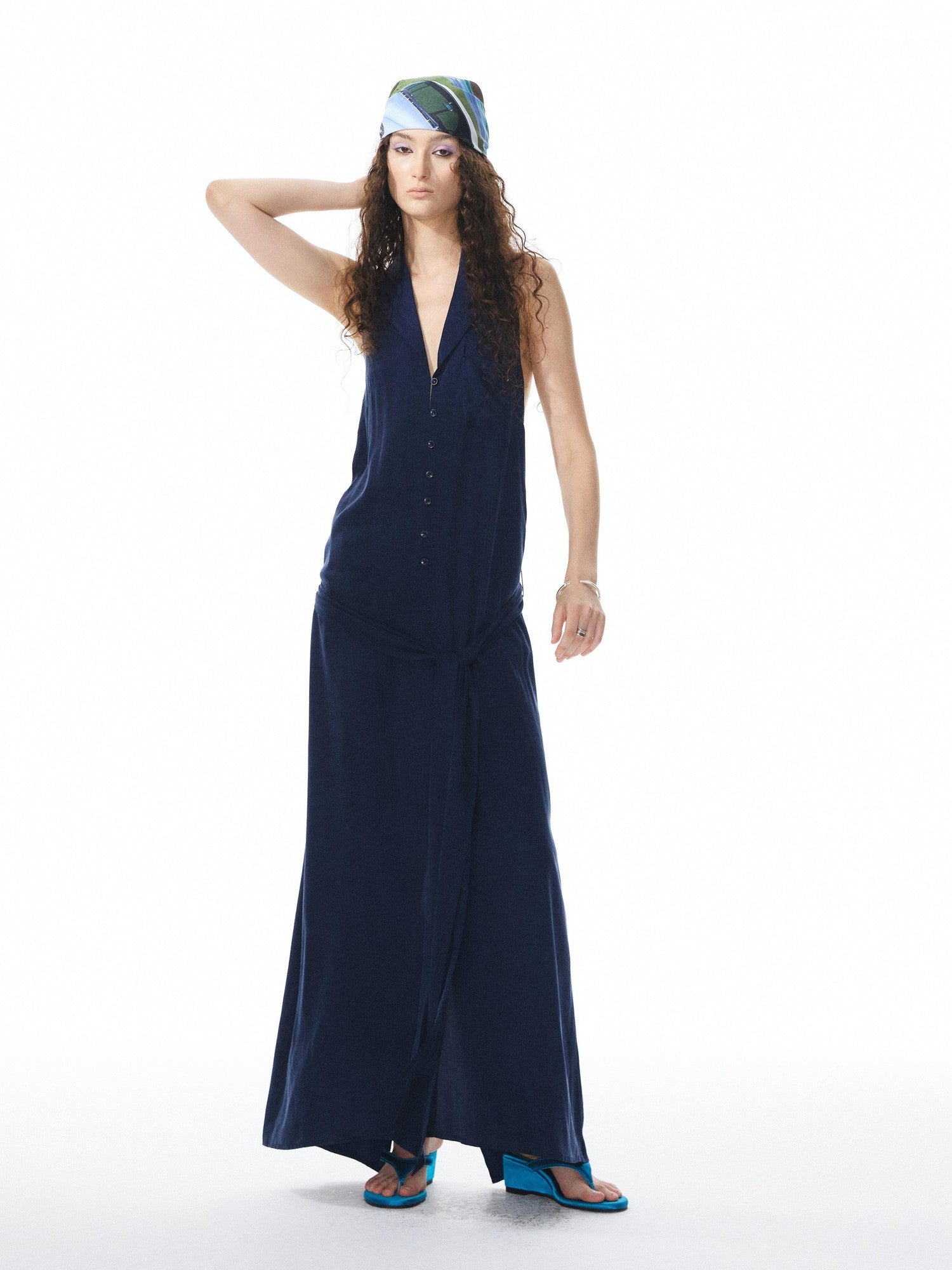 YOSHUYUKI Deep Blue Draped Halter Sash Lapel Women&