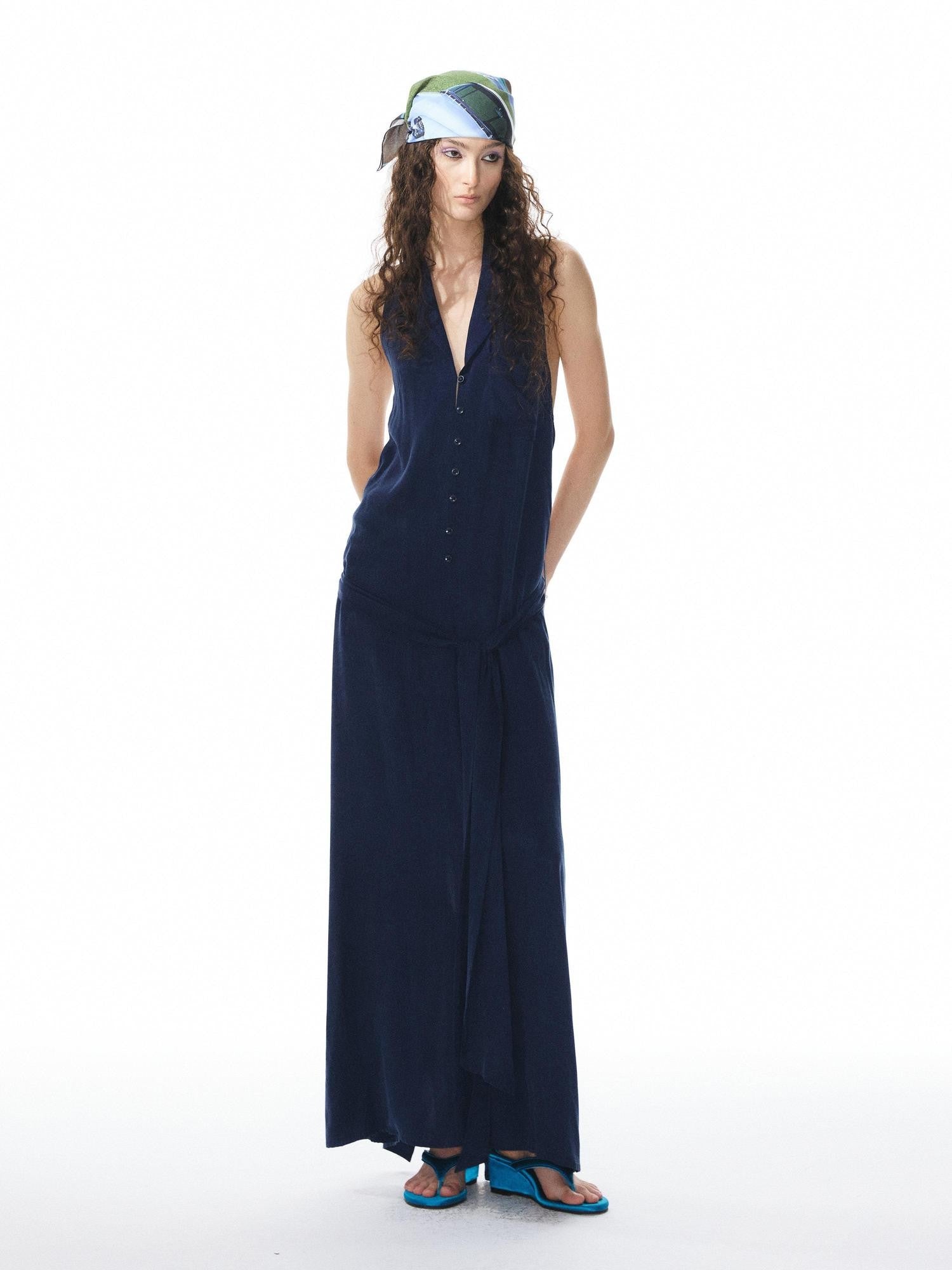 YOSHUYUKI Deep Blue Draped Halter Sash Lapel Women&