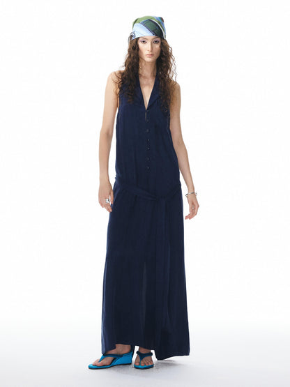 YOSHUYUKI Deep Blue Draped Halter Sash Lapel Women&