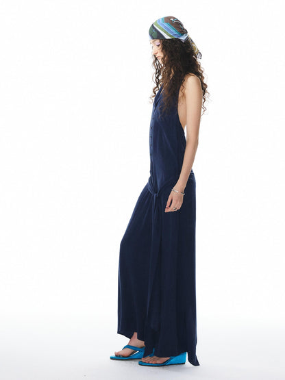 YOSHUYUKI Deep Blue Draped Halter Sash Lapel Women&