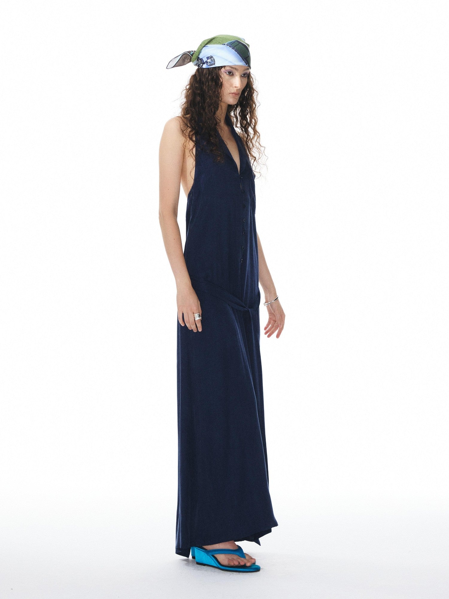 YOSHUYUKI Deep Blue Draped Halter Sash Lapel Women&