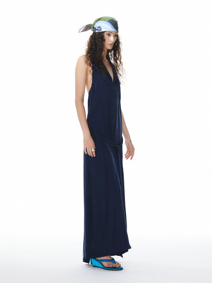 YOSHUYUKI Deep Blue Draped Halter Sash Lapel Women&