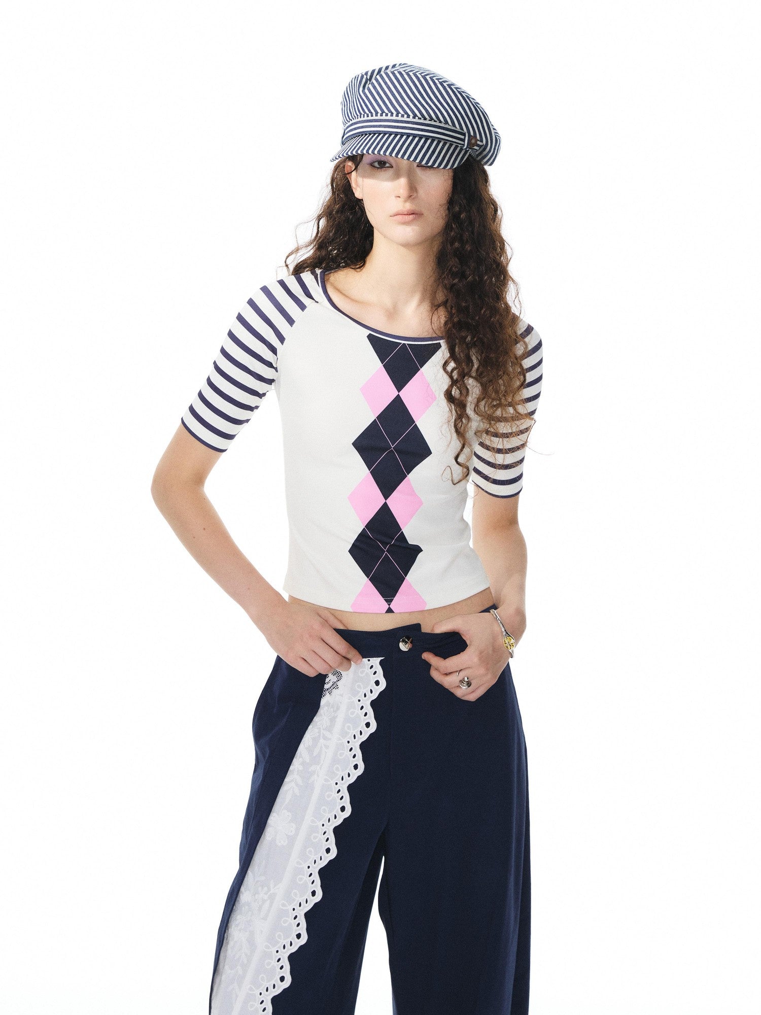 YOSHUYUKI Diamond Print Raglan Round Neck Women&