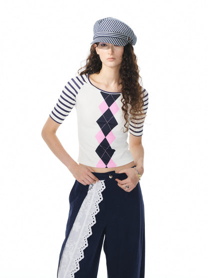 YOSHUYUKI Diamond Print Raglan Round Neck Women&