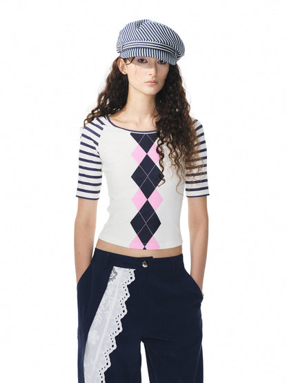 YOSHUYUKI Diamond Print Raglan Round Neck Women&