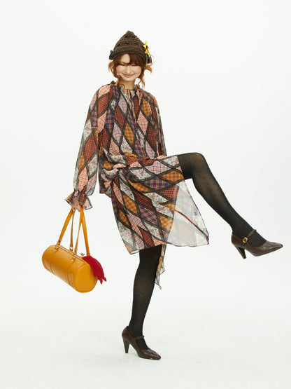 YOSHUYUKI Diamond Quilted Ruched Ruffle Sleeve Loose Fit Women&