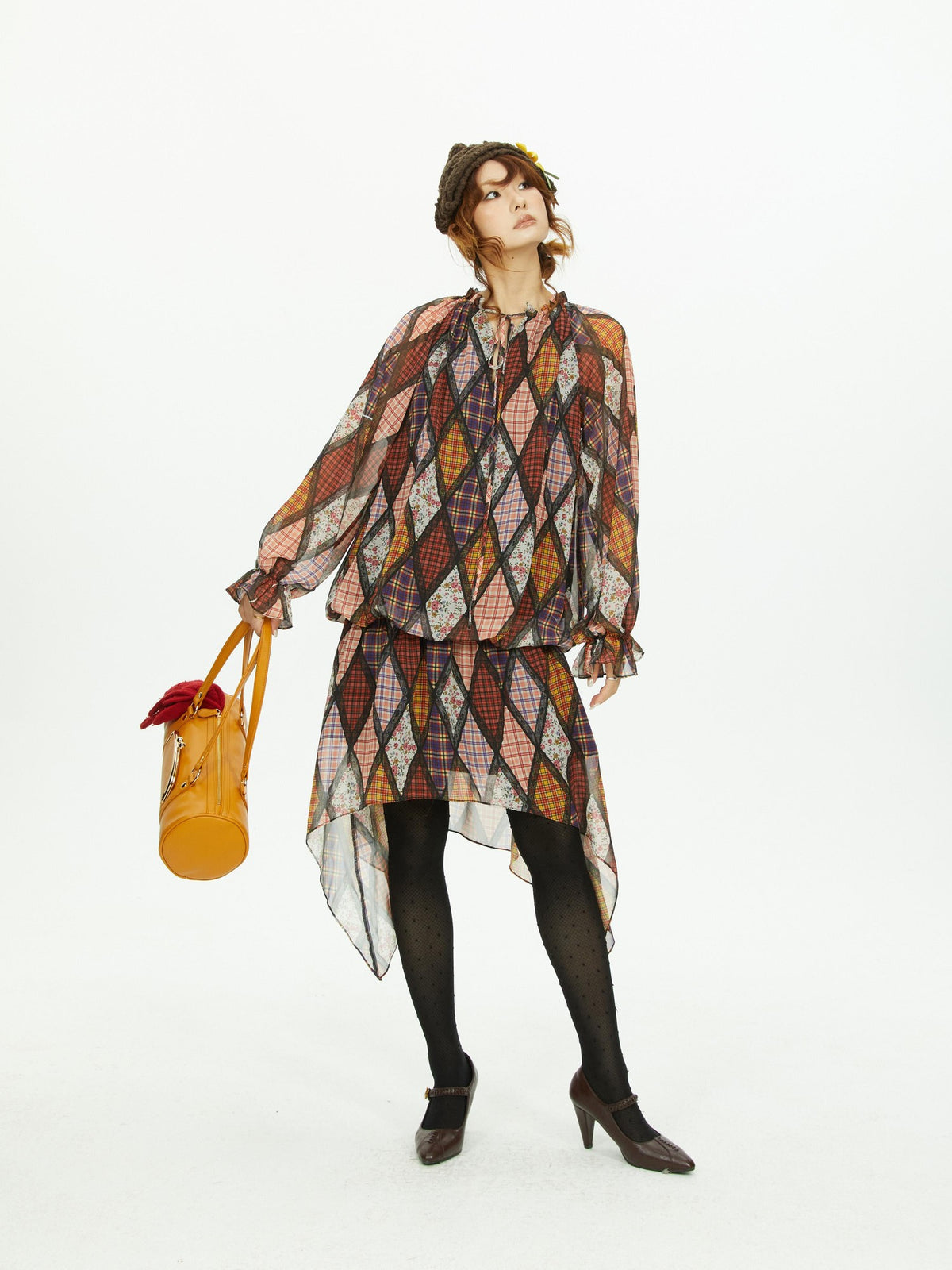 YOSHUYUKI Diamond Quilted Ruched Ruffle Sleeve Loose Fit Women&