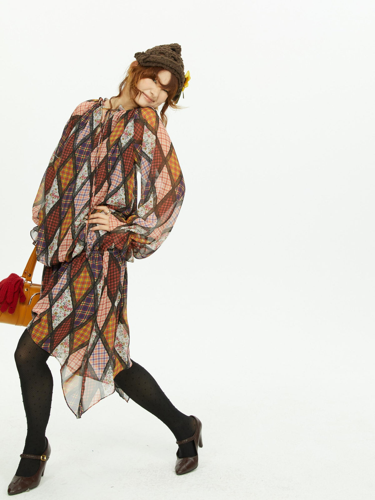 YOSHUYUKI Diamond Quilted Ruched Ruffle Sleeve Loose Fit Women&