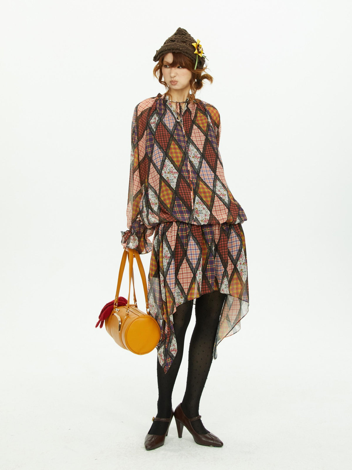 YOSHUYUKI Diamond Quilted Ruched Ruffle Sleeve Loose Fit Women&