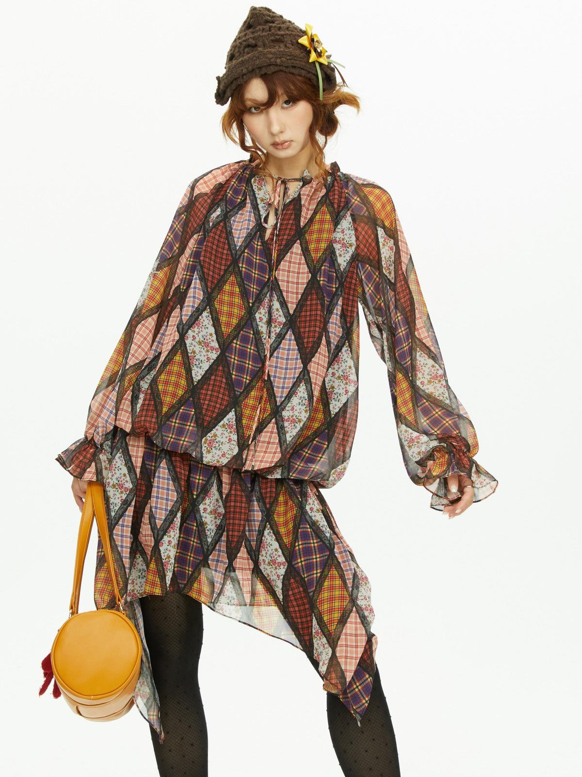 YOSHUYUKI Diamond Quilted Ruched Ruffle Sleeve Loose Fit Women&