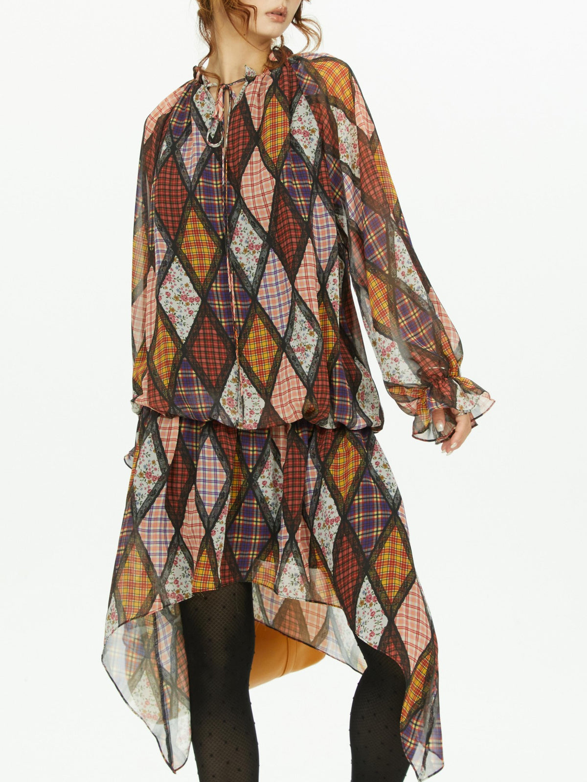 YOSHUYUKI Diamond Quilted Ruched Ruffle Sleeve Loose Fit Women&