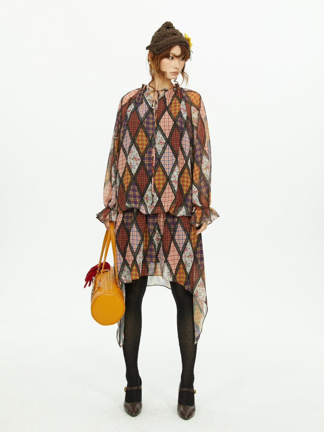 YOSHUYUKI Diamond Quilted Ruched Ruffle Sleeve Loose Fit Women&