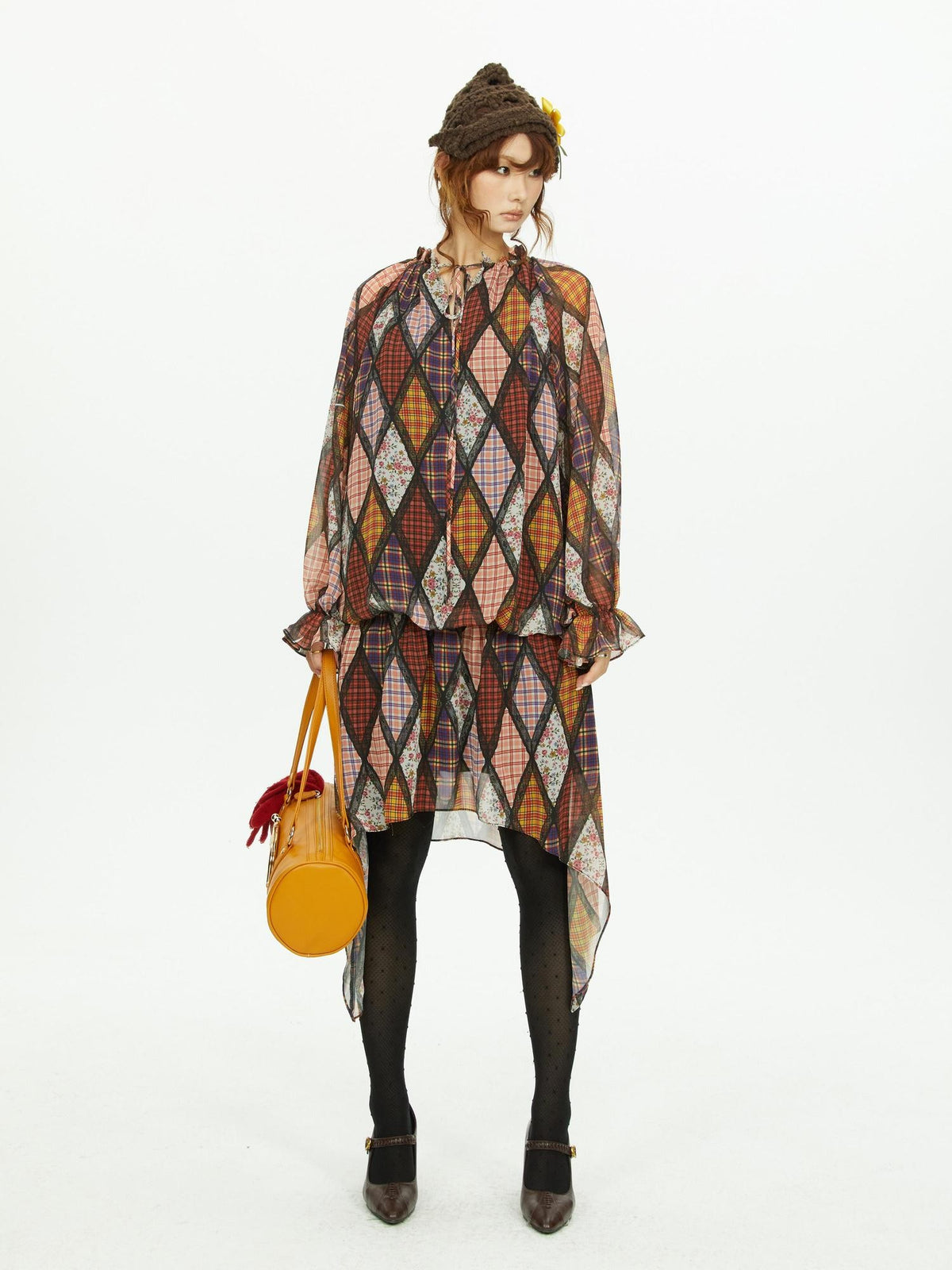 YOSHUYUKI Diamond Quilted Ruched Ruffle Sleeve Loose Fit Women&