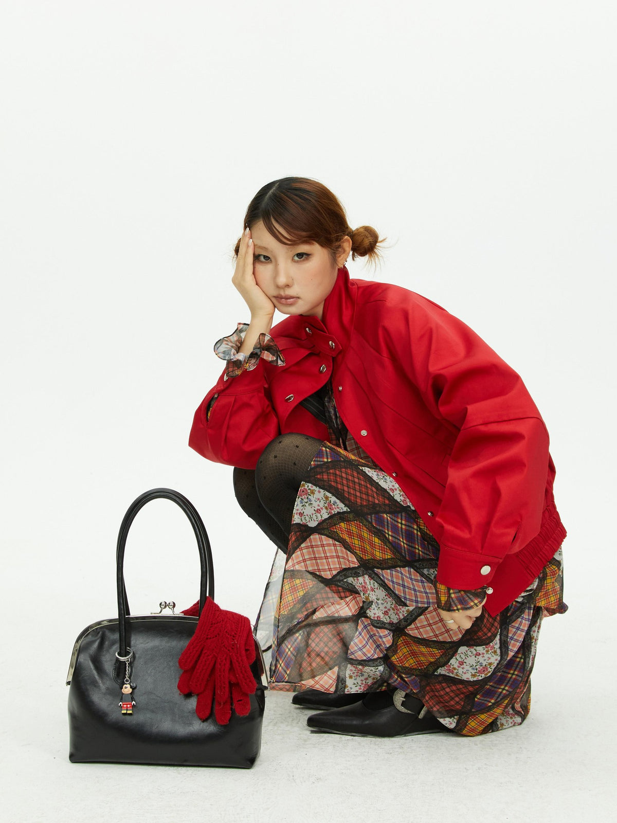 YOSHUYUKI Diamond Quilted Ruched Ruffle Sleeve Loose Fit Women&