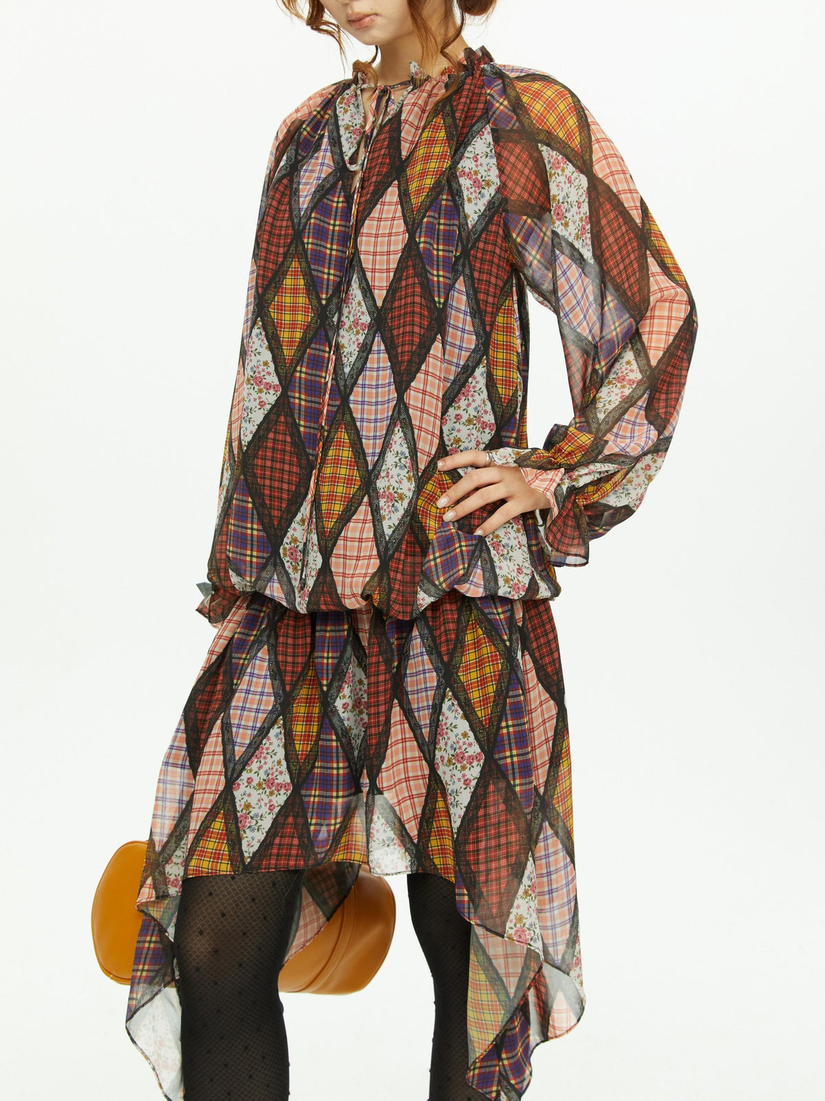 YOSHUYUKI Diamond Quilted Ruched Ruffle Sleeve Loose Fit Women&
