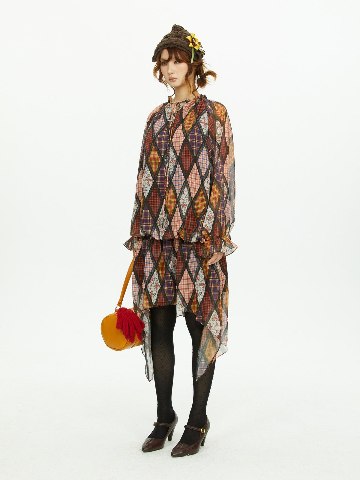 YOSHUYUKI Diamond Quilted Ruched Ruffle Sleeve Loose Fit Women&