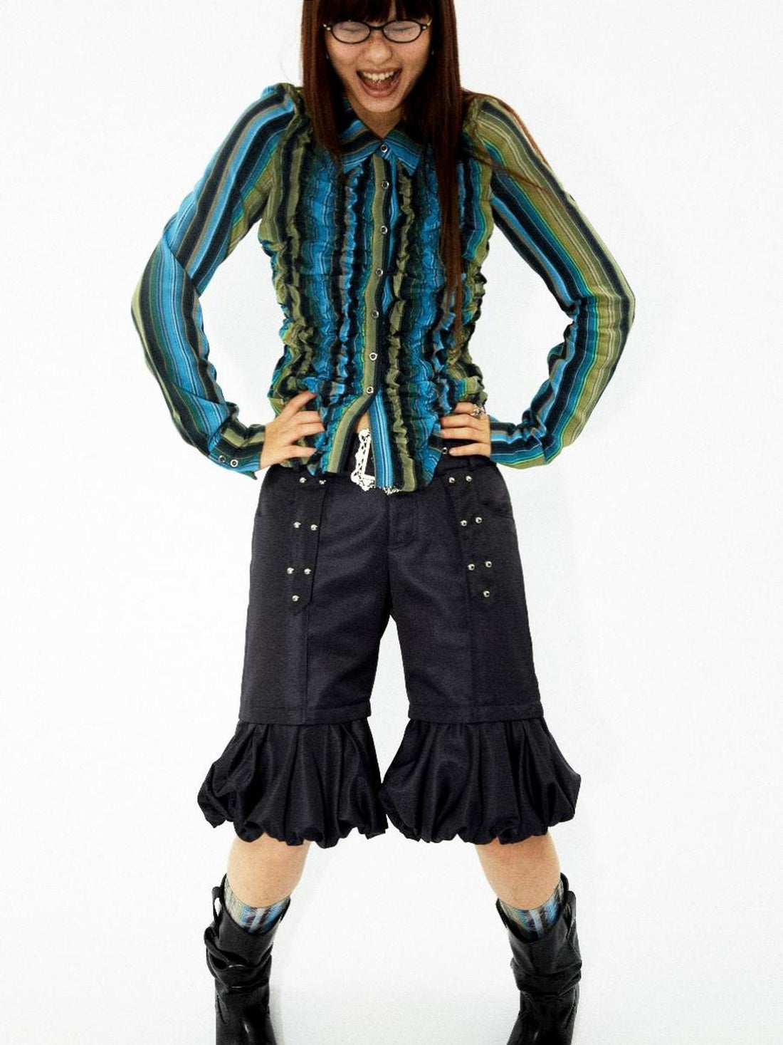 YOSHUYUKI Elastic Hem Asymmetrical Pleat Blue Green Contrast Stripe Shirt