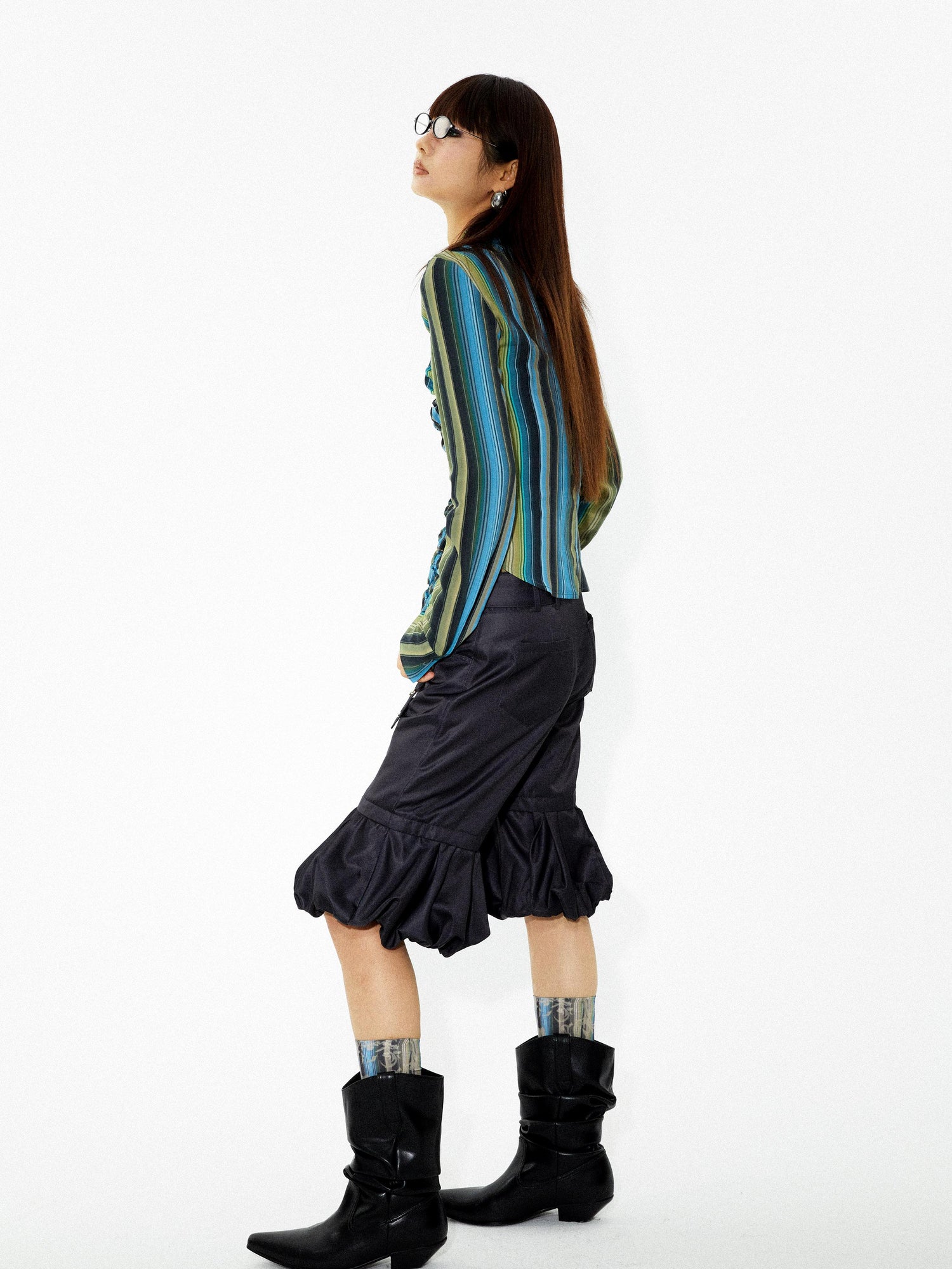 YOSHUYUKI Elastic Hem Asymmetrical Pleat Blue Green Contrast Stripe Shirt